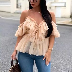 🆕 Women's Off Shoulder Sexy Ruffle Deep V neck Blouse Shirt Lace Up Top NWT